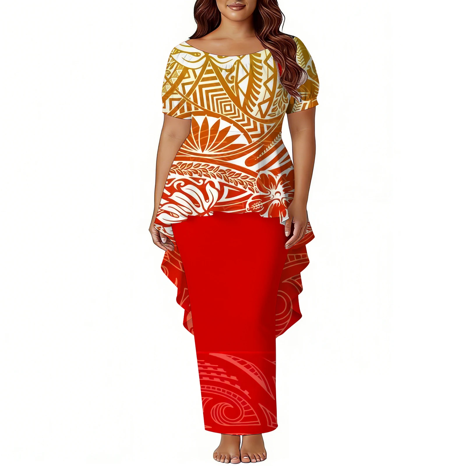 

Женское платье по индивидуальному заказу, полинезийский пулетаси, летний топ с короткими рукавами и круглым вырезом, дизайн «парусник» и тонкая юбка с разрезом