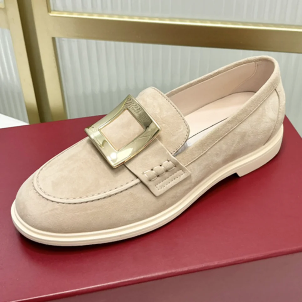 Black and beige color round toe  all-matching casual  lady suede loafers shoes