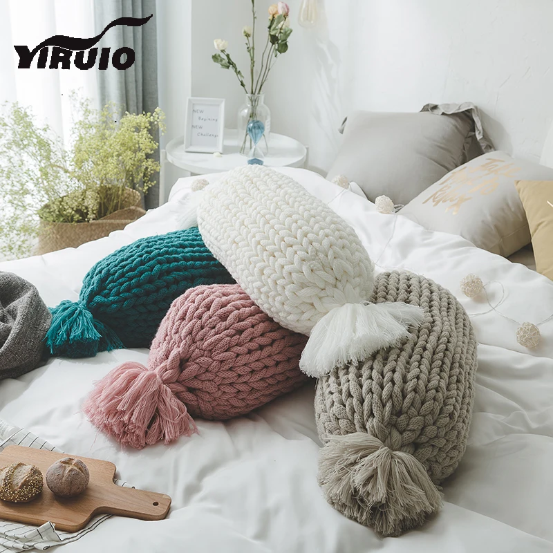 

YIRUIO Kawaii Candy Fringes Throw Pillow Room Decorative Fluffy Soft Crochet Bed Pillow Gray Pink Green White Sofa Couch Cushion