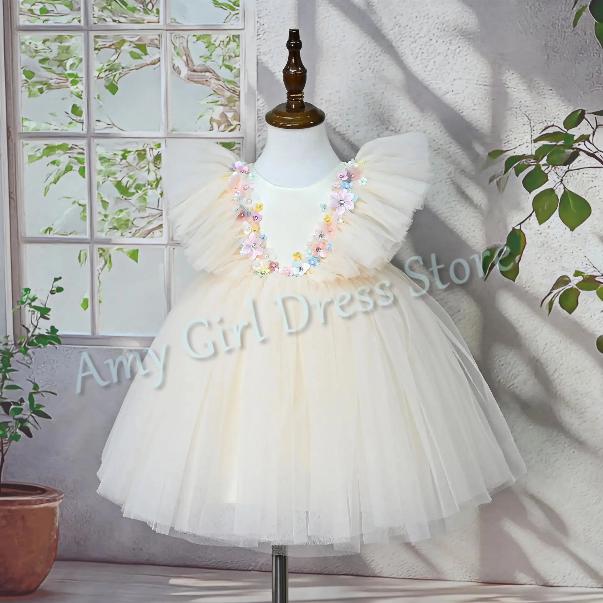 Lovely Ivory Flower Girl Dress For Wedding Tulle Floral Puffy Simple Toddler First Communion Photo Shoot Ball Gown Customized