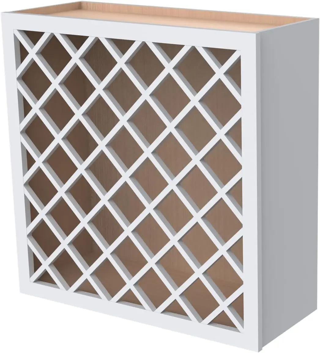 

Solid Wood Wine Bottle Rack Wall Cabinet with Lattice Panels - Bottle Holder Storage for Bar, Pantry,(White, 24'W 12'D 30'H)