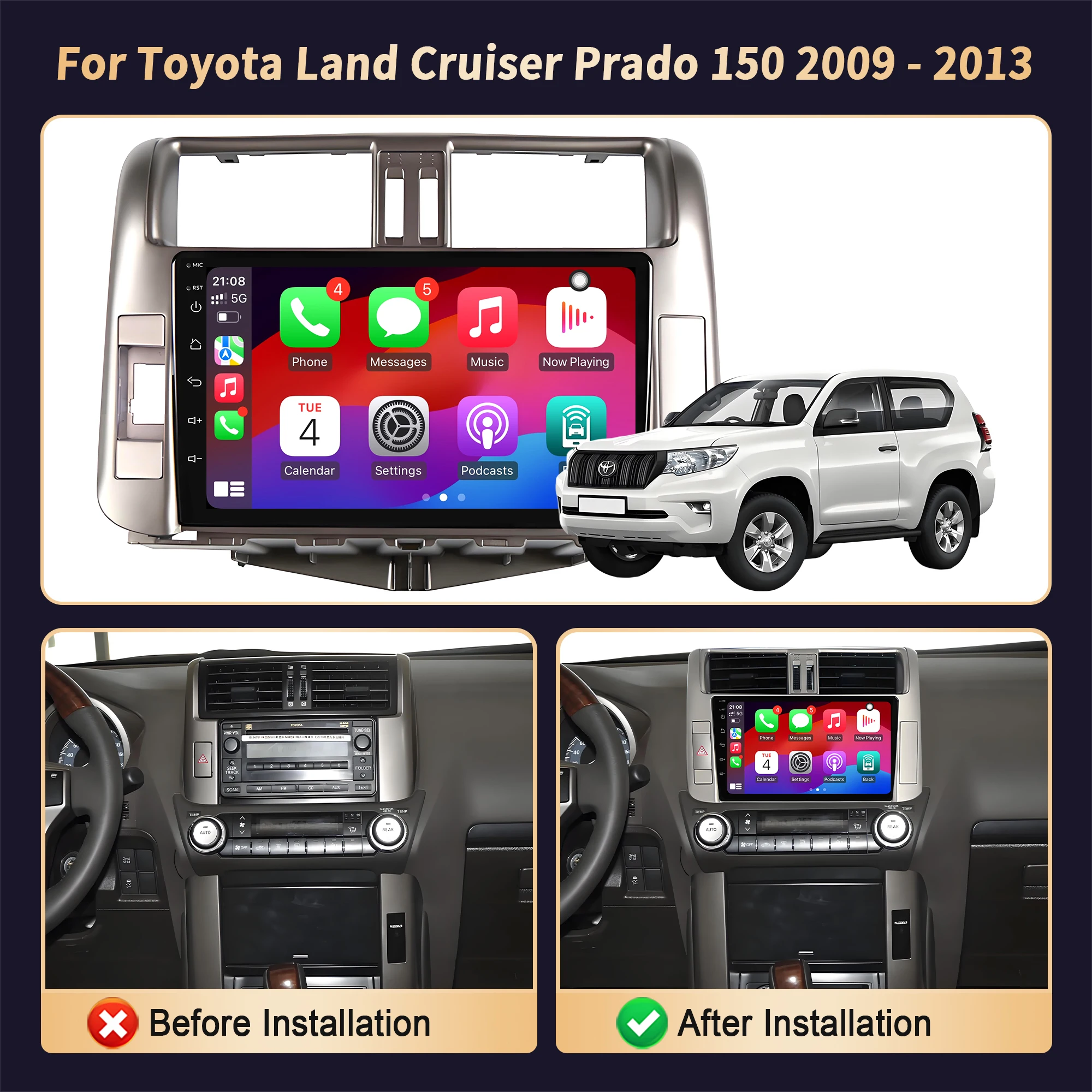 Wireless Carplay 2Din Screen Auto Radio Multimedia Navigation 4G GPS Android 14 For Toyota Land Cruiser Prado 150 2009-2013