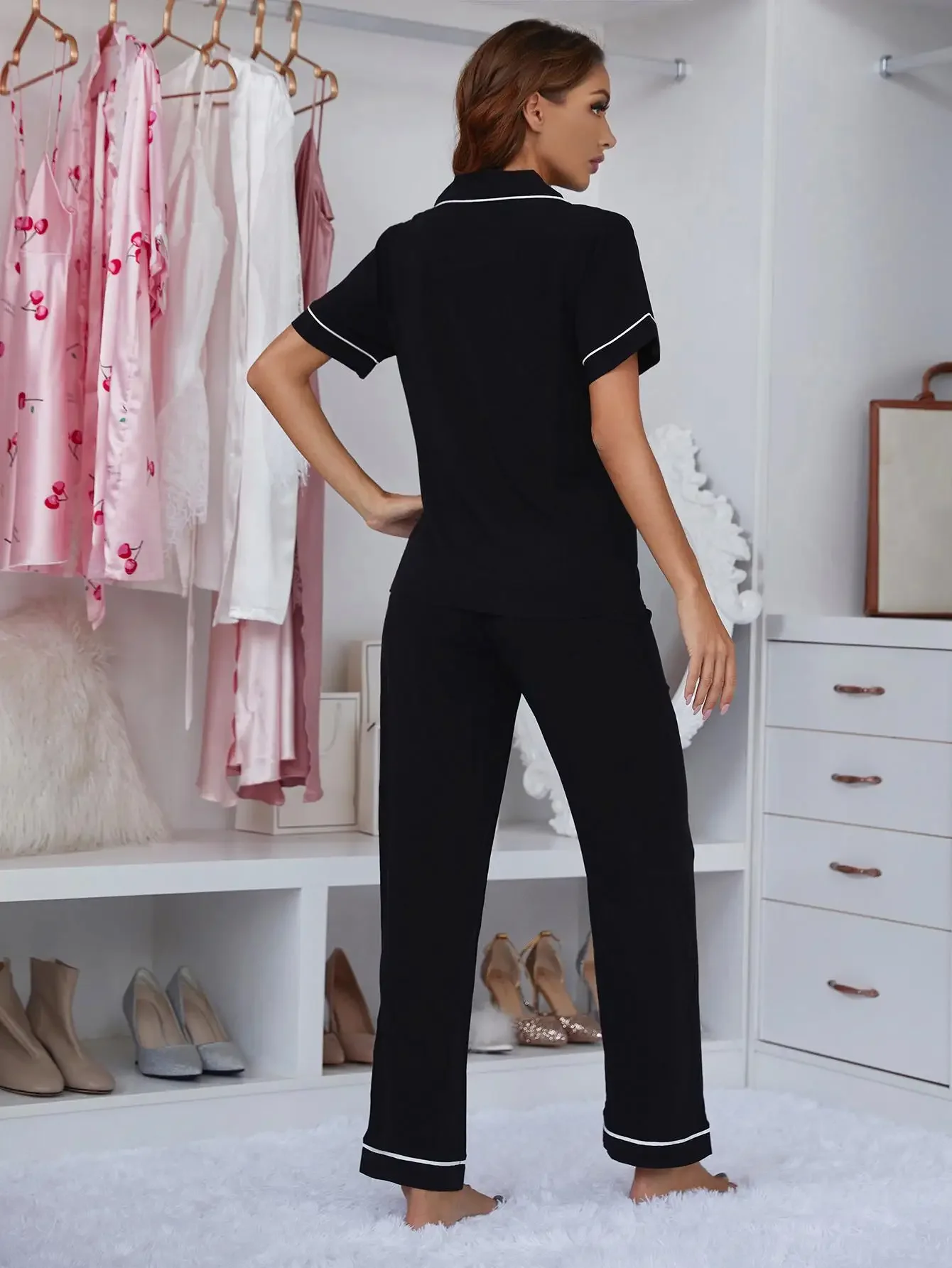 Summer Notched Collar Women's Pajamas Set Short Sleeves Black Solid Sleepwear Button Dowm Nightwear with Pocket Leisure Clothes