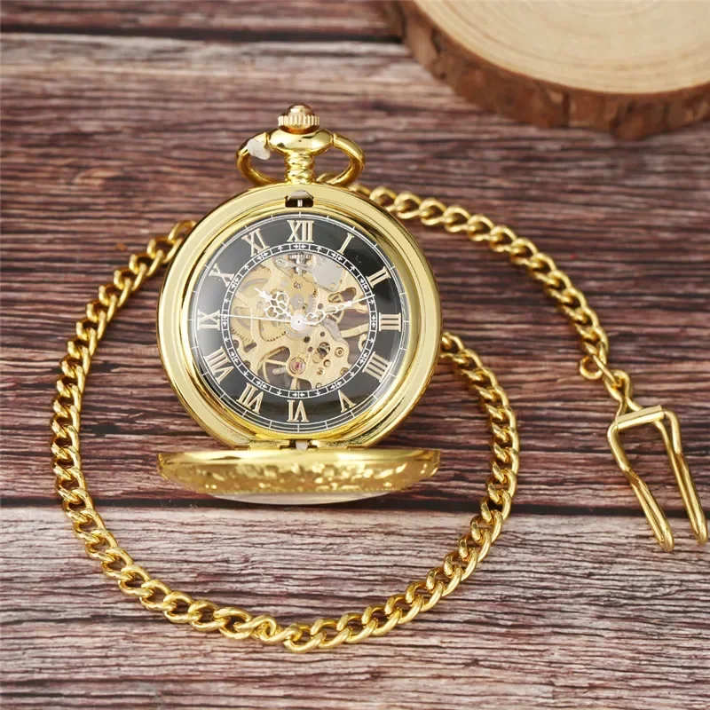 Luxury Golden Transparent Cover Men's Hand-winding Mechanical Pocket Watch Roman Numerals Skeleton Pendant Clock with Fob Chain