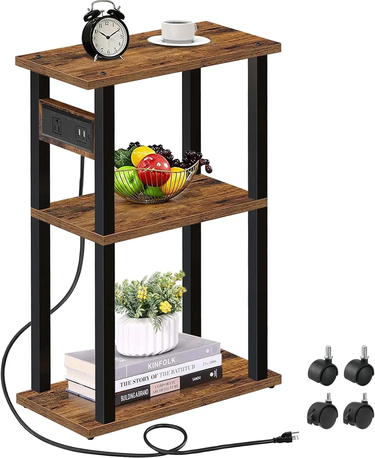 

Small Narrow Side Table with Charging Station, Skinny End Table for Small Spaces, Slim Nightstand with USB Ports and Out