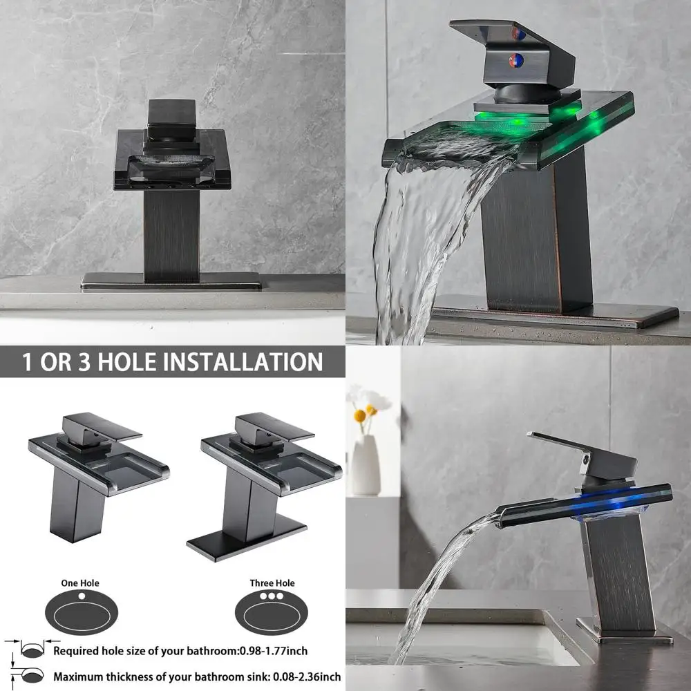 

Oil-Rubbed Bronze Waterfall Faucet with Single Handle, 1-Hole Vanity Sink Mixer, Metal Pop-Up Drain & 2 Supply Lines, Open Glass