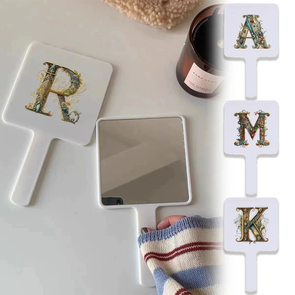 

1pc Handheld Square Makeup Mirror Art Letters Durable For Daily & Travel Portable Cosmetic Needs Initial Name 26 Letters Pattern