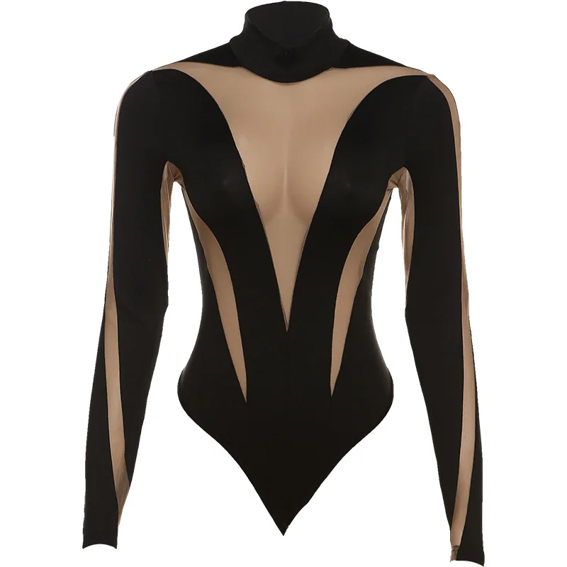 Sexy See Through Women Bodysuit Mesh Patchwork Long Sleeve Elastic Wild Bodycon Hot Girls Streetwear Midnight Sexy Outfits