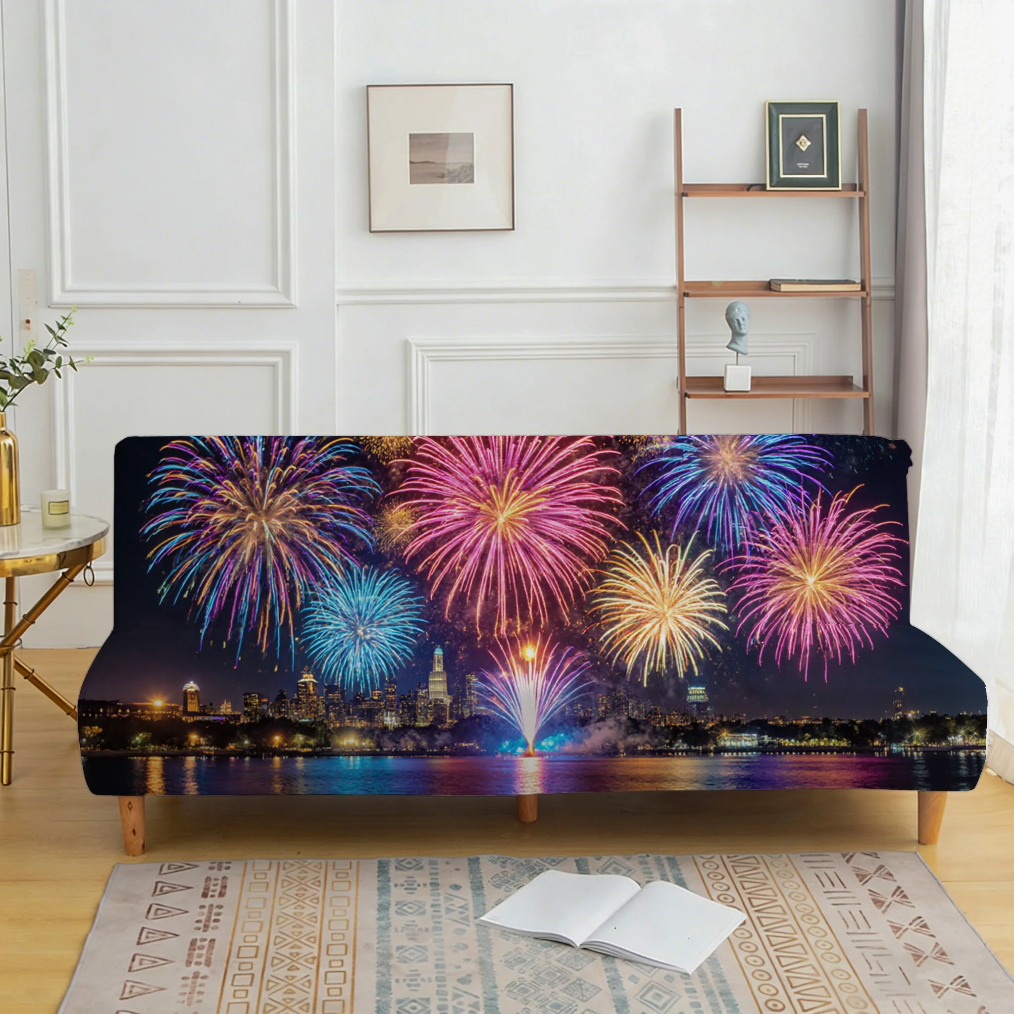 Living room bedroom universal elastic sofa bed cover, city view printing pattern, dustproof machine washable sofa bed cover