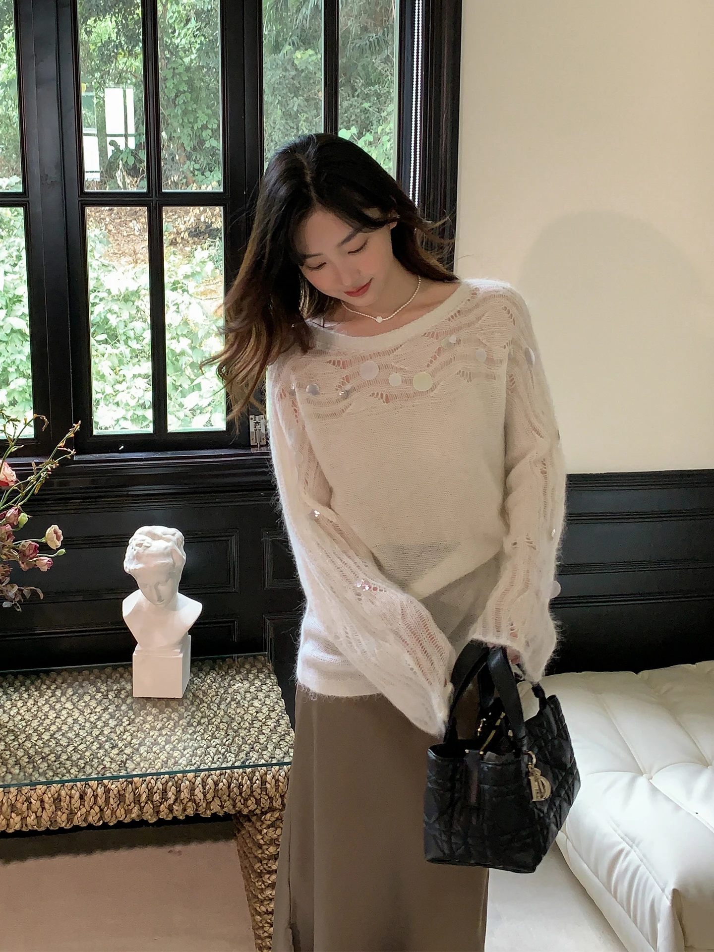 

Женский вязаный свитер с объемной вышивкой, длинными рукавами, ажурный, шерстяной, осенняя новинка, свободный крой