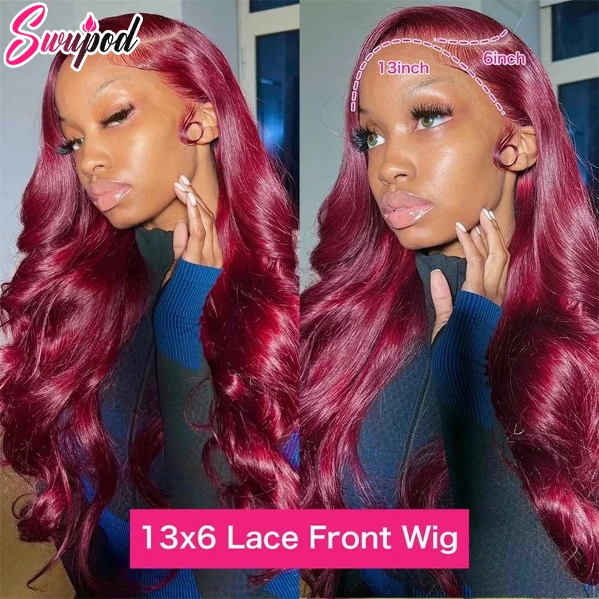 99j Bordeauxrood 13X4 Hd Transparant Lace Frontale Pruik Body Wave Rood Gekleurd Menselijk Haar Pruiken 13X6 Hd Lace Front Pruik 220% 30 32 36Inch