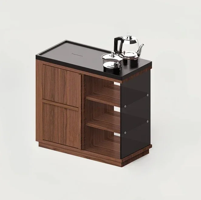 

Solid Wood Mobile Tea Cart Living Room Small Apartment Coffee Table Balcony Tea Cabinet Black Walnut Stone Plate Tea Table