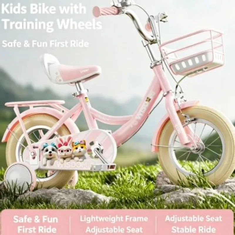 Bicycle for Girls 12 14 16 Inch with Training Wheels Basket High Carbon Steel Frame Comfortable Seat Outdoor Ride
