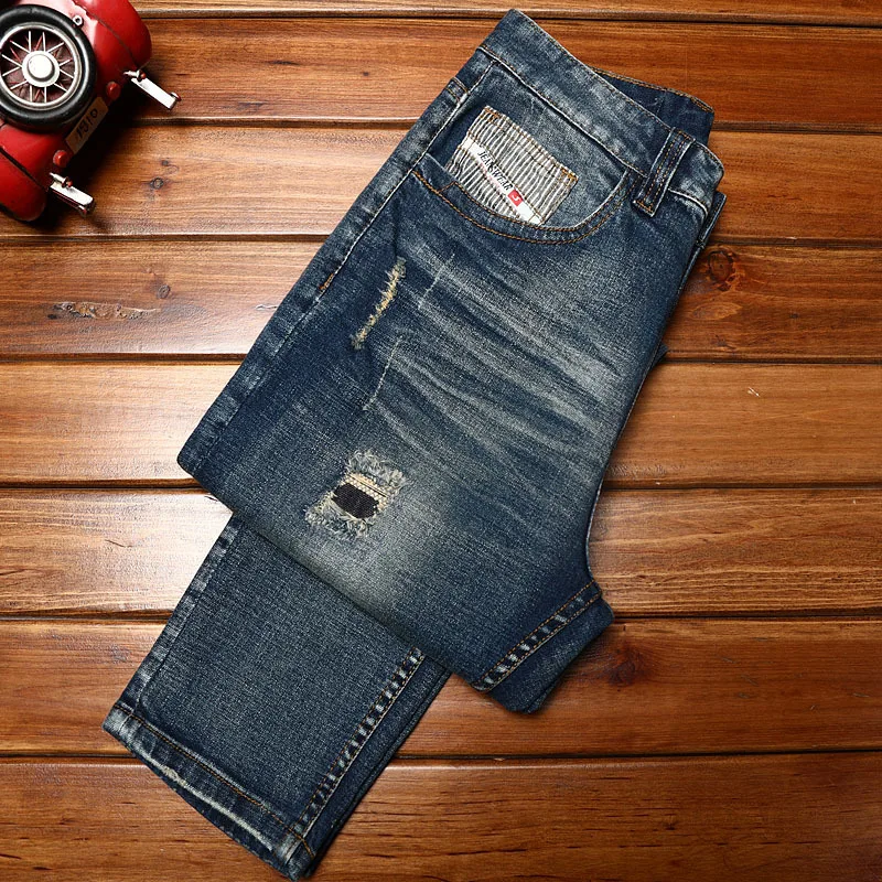 Retro make old ripped jeans men's slim straight stretch patch fashion all-match blue casual long pants men's