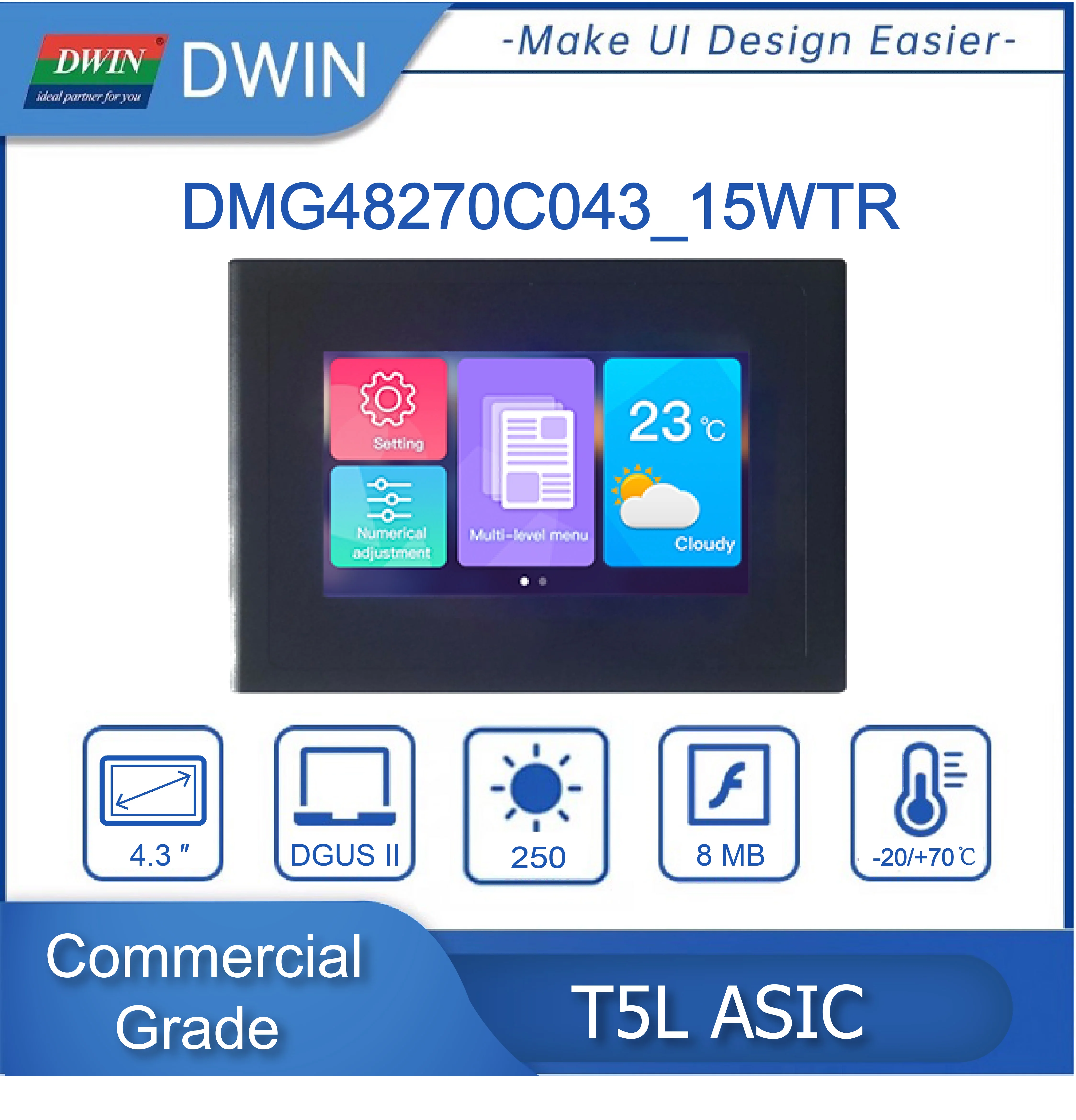 DWIN 4,3 cala Rozdzielczość 480*272 262 tys. kolorów TV-TN-TFT-LCD Rezystancyjny ekran dotykowy z powłoką Port HMI UART DMG48270C043_15WTR