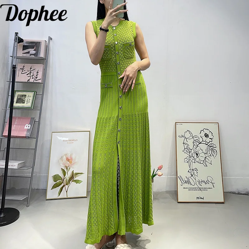 

High Quality Luxury Summer Hollow Out O-neck Sleeveless Tank Dress Elegant Single-breasted Ultra Long Green Women Knitted Dress