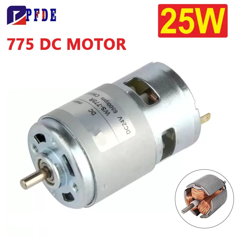 

25 Вт 775 двигатель постоянного тока 12 В/24 В с высоким крутящим моментом 3500-6500 об/мин, два шарикоподшипника, тихий двигатель с силовыми колесами, микромотор с регулируемой скоростью
