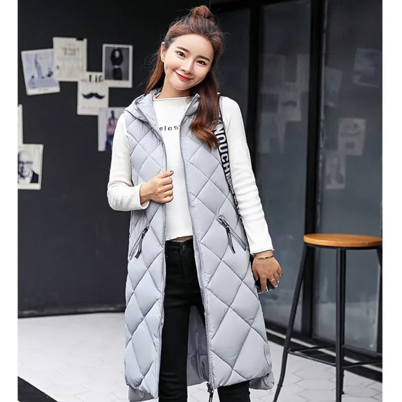 Women\'s Sleeveless Vest Long Down Jacket Solid Korea Hooded Padded Vests Loose Females 2022 Ladies Fashion Casual Winter Coat