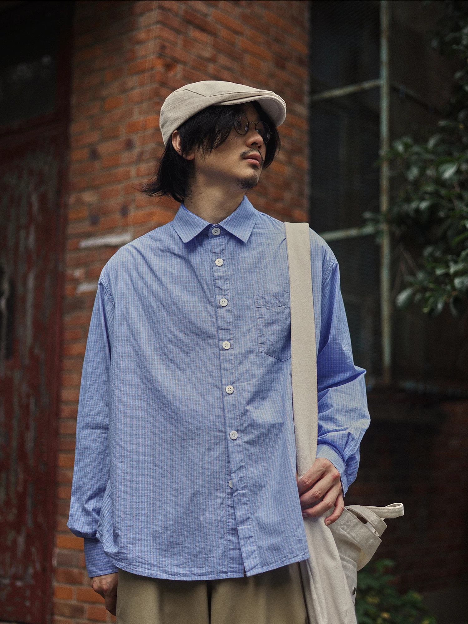 

Blue Fine Grid Men's Shirt Youthful Versatile Autumn Winter Japanese Style Retro College Fashion Outerwear Trendy Coat