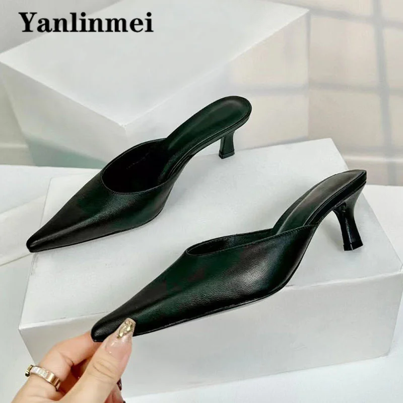 Sexy Kitten Heels Slippers For Women Pointed Toe Slides Genuine Leather Mules Shoes Woman High Heels Modern Slippers Woman