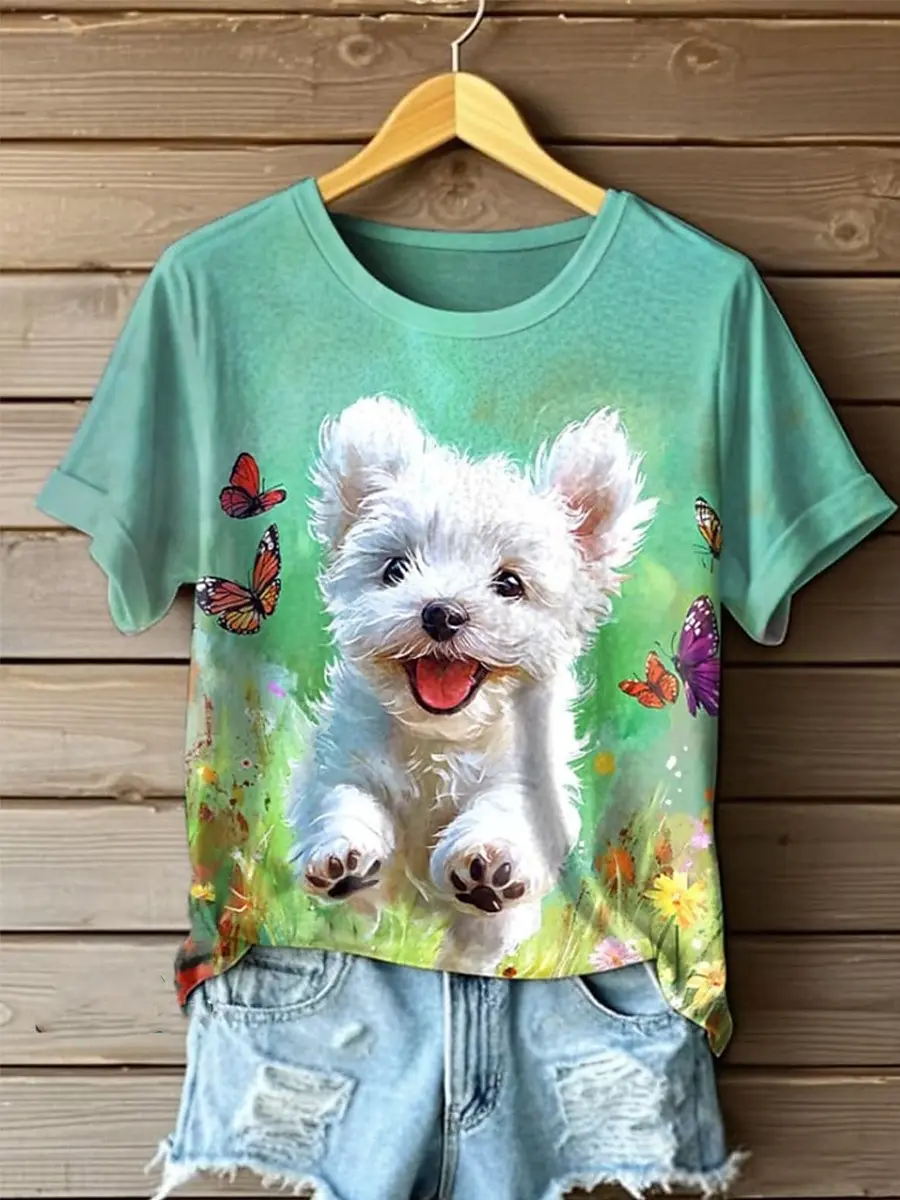 3D Printed Cute Puppy Oil Painting T-shirt Women's Fun Pattern T-shirt Summer Casual Round Neck Top Short Sleeve Loose T-shirt