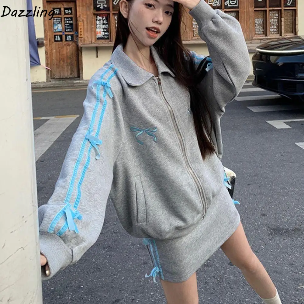 

Модные свободные толстовки с воротником с лацканами и длинными рукавами и капюшоном Y2k для женщин, одежда в Корейском стиле, женская куртка с вышитым бантом