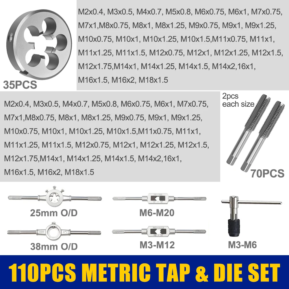 Tap and Die Set 110pcs M2-M18 Screw Thread Metric Tap Die Sets of Hand Tools Kit Hand Threading Tools For Metal Working