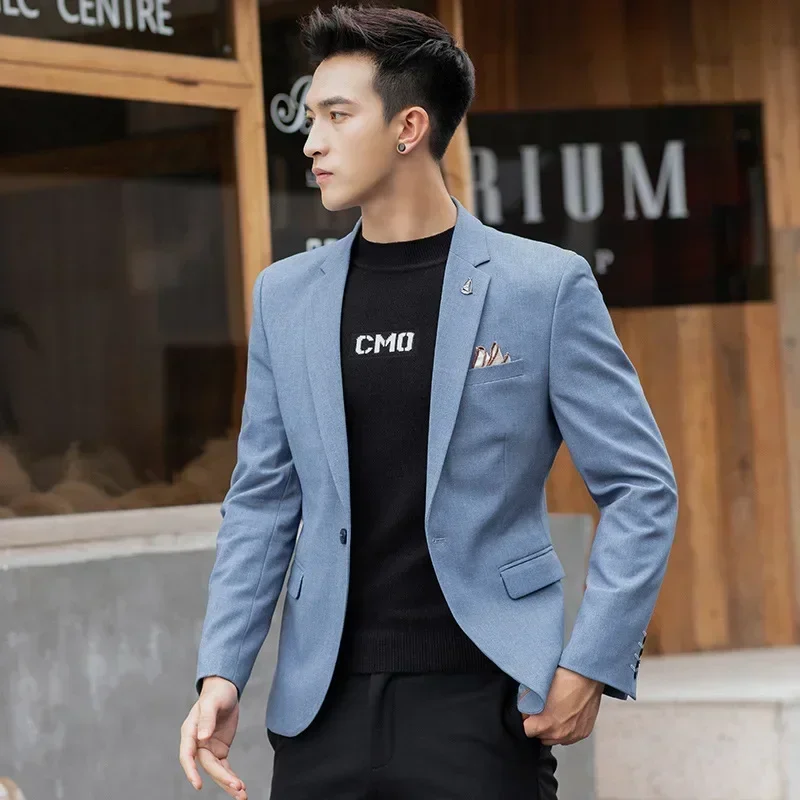 High Quality Men Blazer Korean Slim Fit Elegant Business Casual Suit Jacket Solid Color Blue Apricot Gray Wedding Banquet Dress