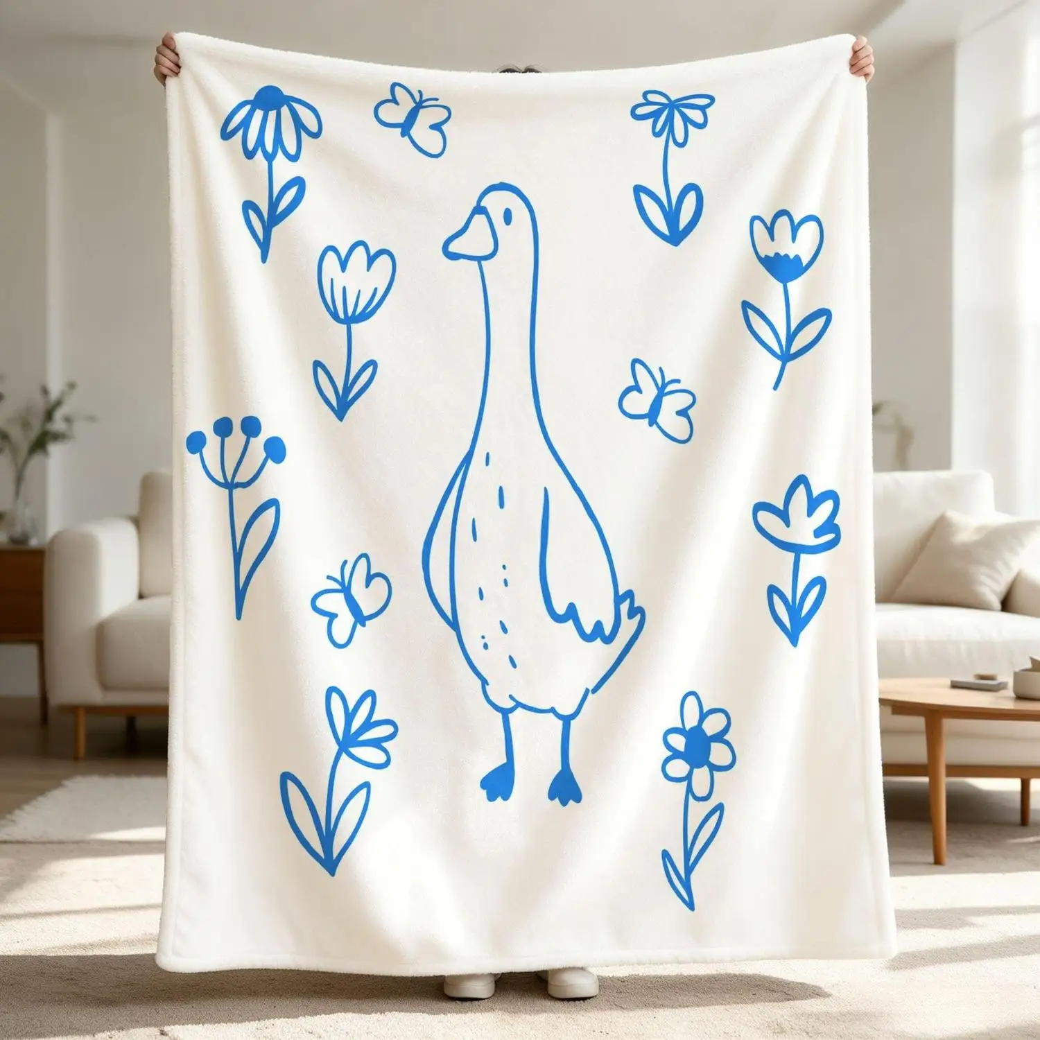 [Flannel Blanket] Blue Duckling Blanket, Soft Floral Pattern, Ideal for Animal Lovers, Line Art Bedroom Decor
