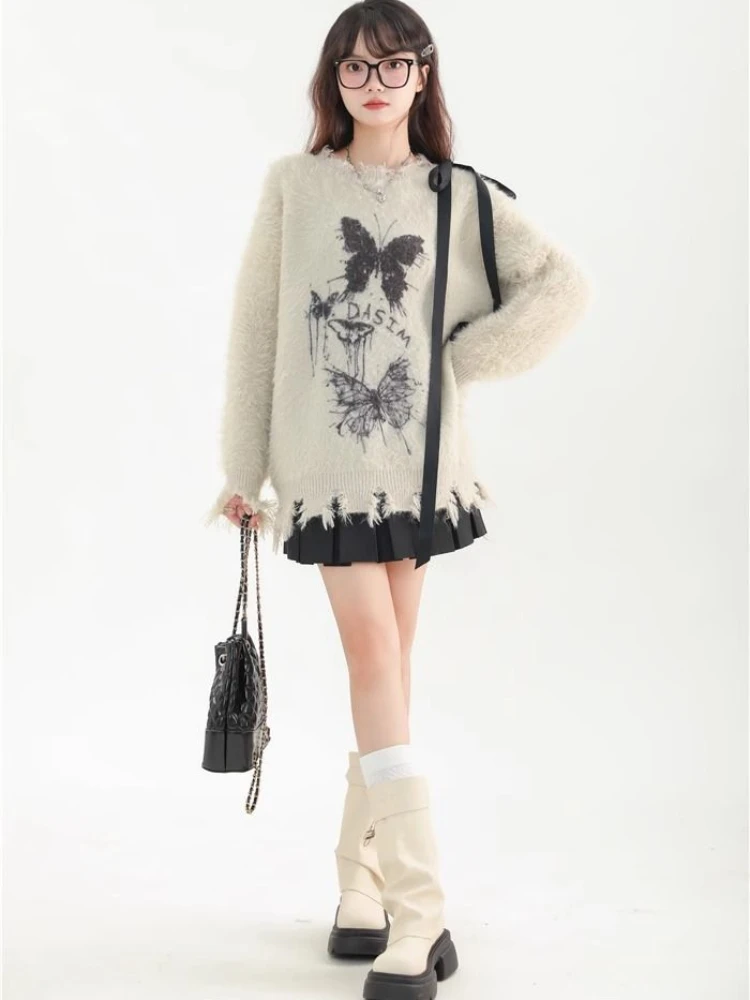 QWEEK Gothic Grunge Goth Butterfly Knit Knitted Sweater Women Y2k Coquette Harajuku American Retro Long Sleeve Pullovers Top