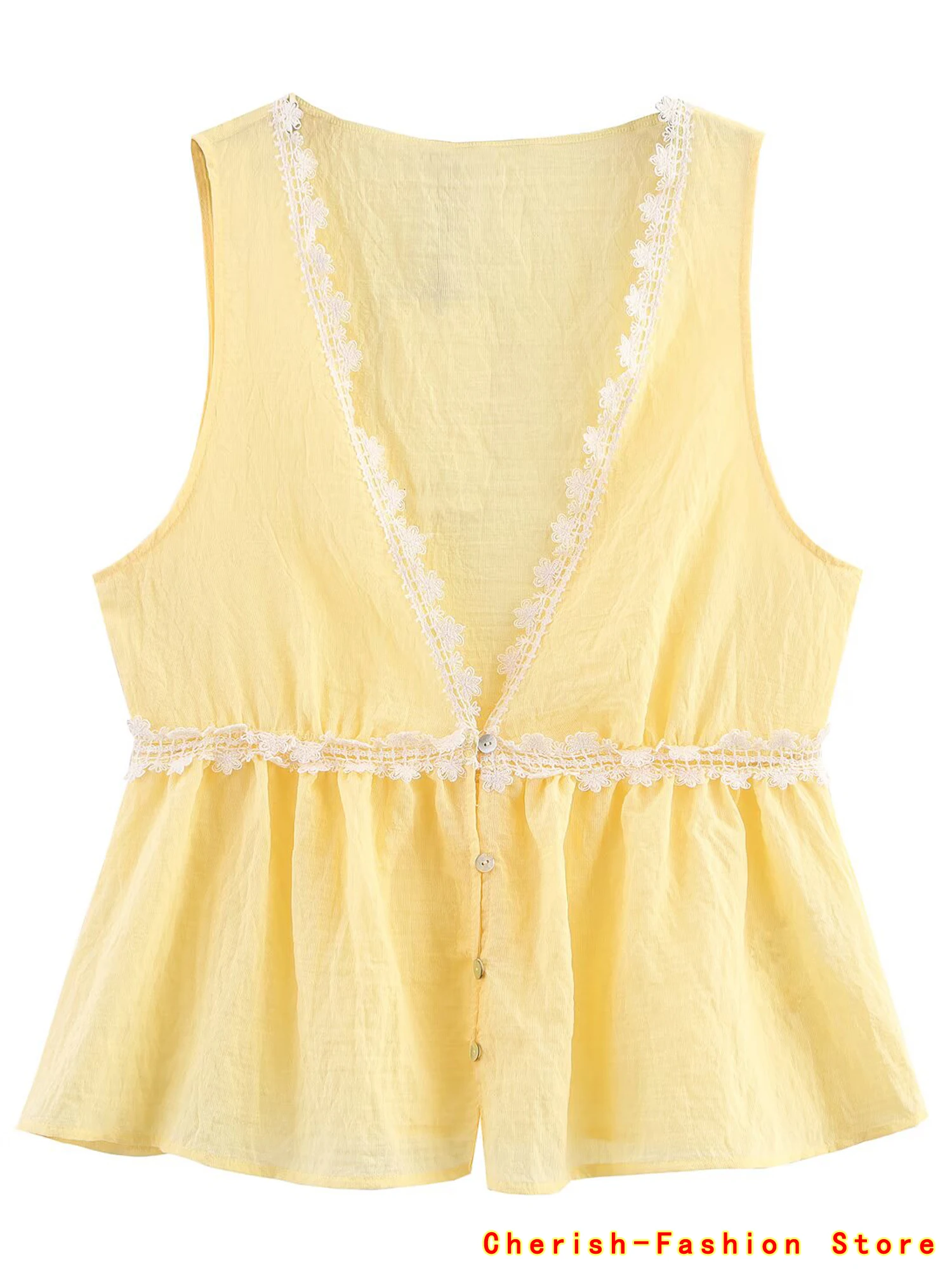 2025 Estate Decorazione in pizzo Top casual larghi per le donne Top senza maniche Moda senza maniche Top corto Gilet Colore giallo Caldo