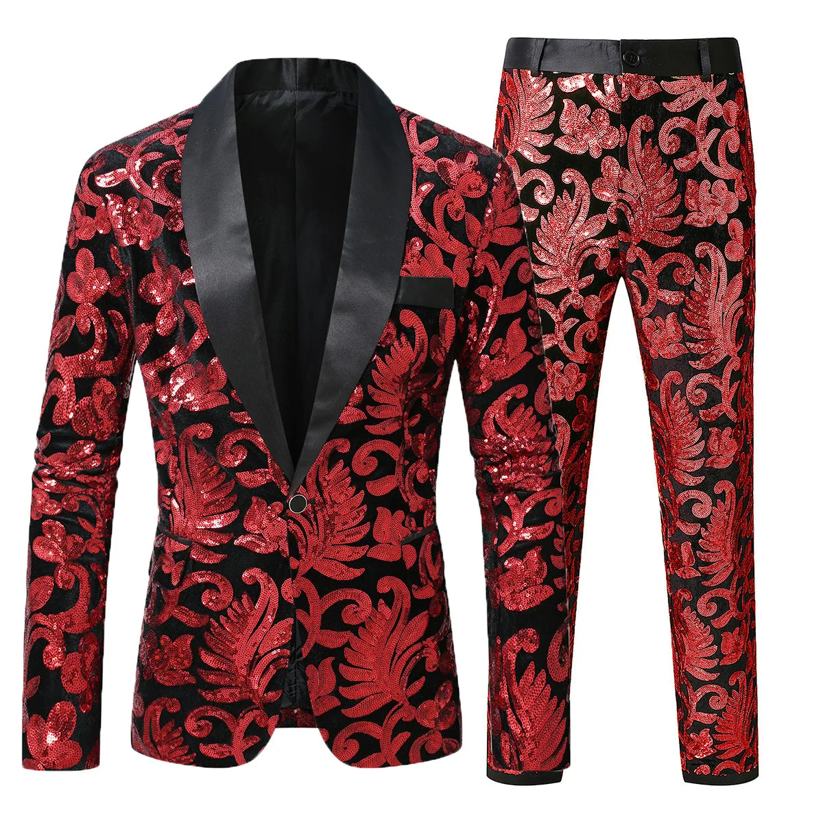 Golden men's stage performance, host sequin styled suit set, fine top + pants. Red, blue, purple can choose