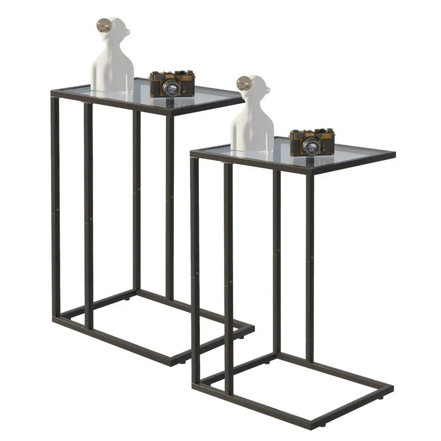 

C Shaped End Table Set of 2, Tempered Glass Snack Side Table with Metal Frame, Sofa Couch Side Table, Modern Style, Black