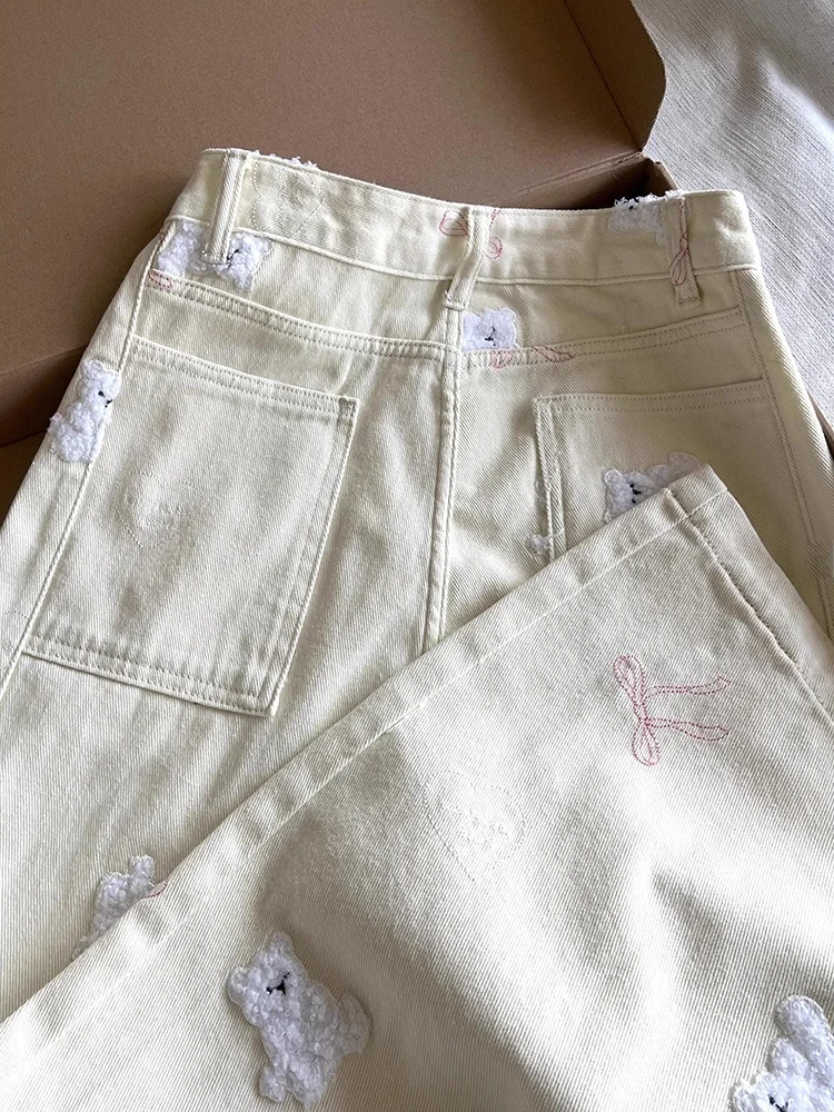 Dopne Cartoon-Bär Bestickte Hochgeschnittene Loose-Fit Schlankmachende Weite Jeans Frühling Herbst Design Casual Hosen