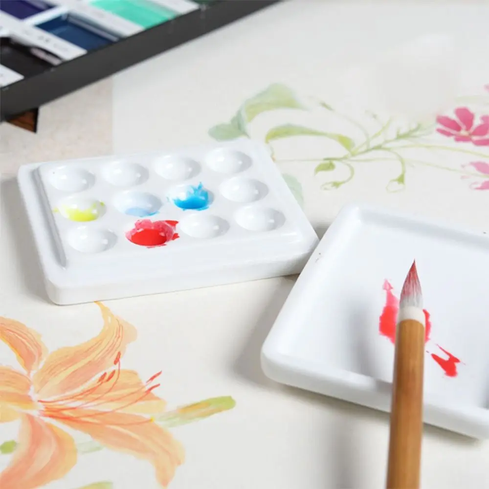 Portable 12 Grid Watercolor Paint Palette Moisturizing With Cover Art Painting Tools Handmade Ceramic Grid Palette Nail Salon