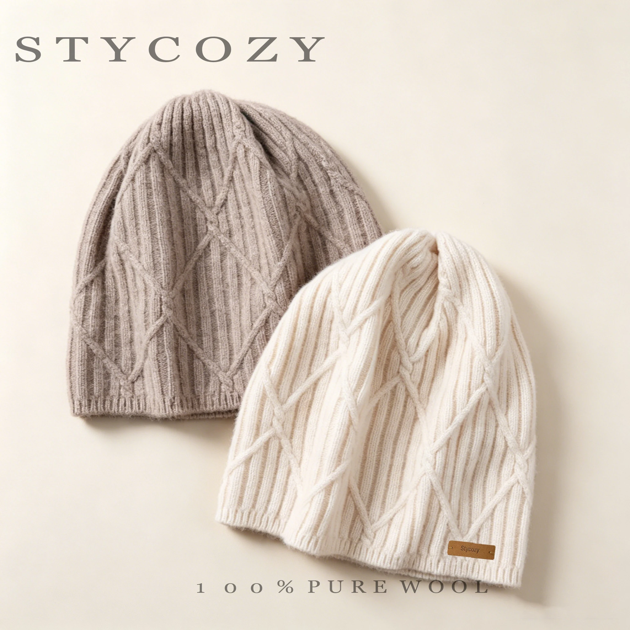 100% Wool Solid Color Striped Diamond Knitted Hat For Women'S Autumn And Winter Outdoor Cold Proof And Warm Pullover Hat