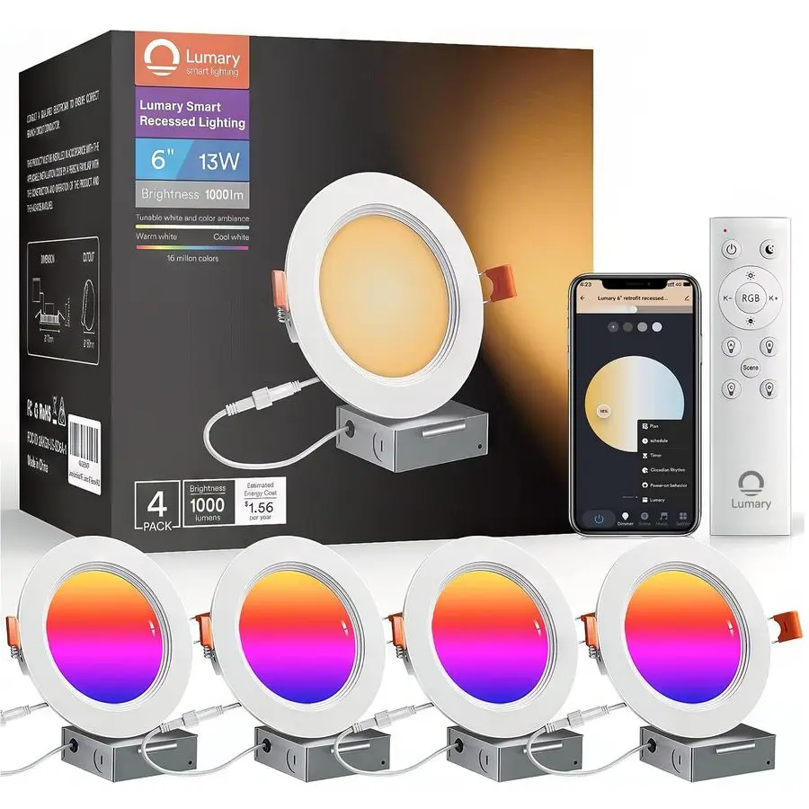 إضاءة LED ذكية تعمل بالواي فاي مقاس 6 بوصات مع جهاز تحكم عن بعد، مصابيح سقف RGBWW Canless مع حواف معدنية مضادة للوهج JBox، متوافقة