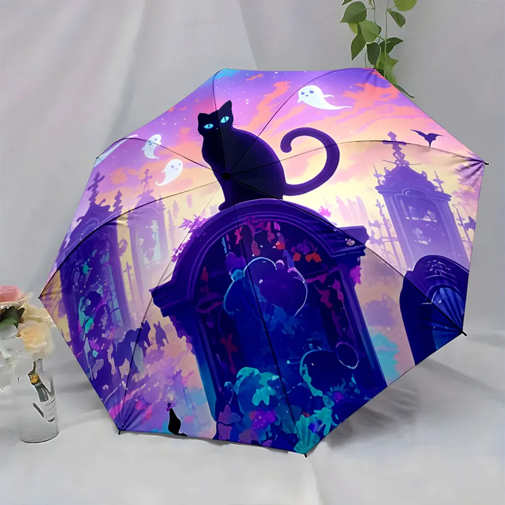 1PC Mystical Cat and Ghosts Design Umbrella Print 8 Iron Ribs Folding Umbrella Auto-Open Fashion Sunshade