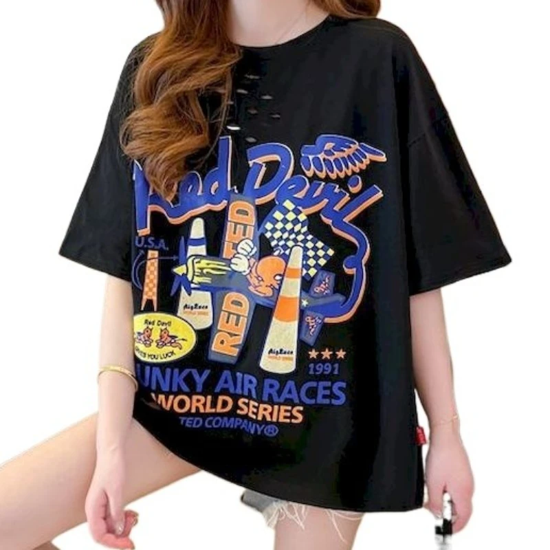 

Harajuku Style T Shirts for Women Hole Design Print Short Sleeved T-shirt Summer Trend Thin Tops Vintage Oversized Tshirt Y2k