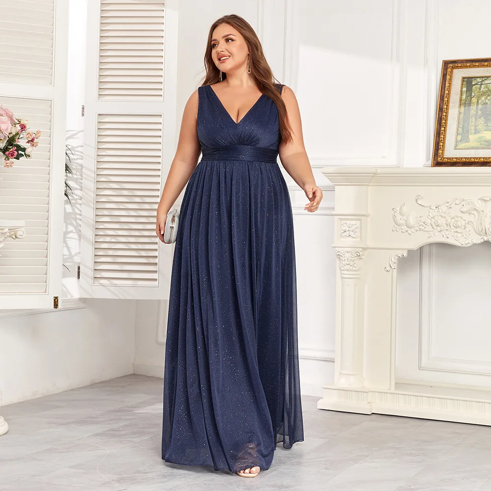 

New sparkling chiffon sleeves evening dress double V-neck A word bridesmaids side split mopping party dress party sexy temperame