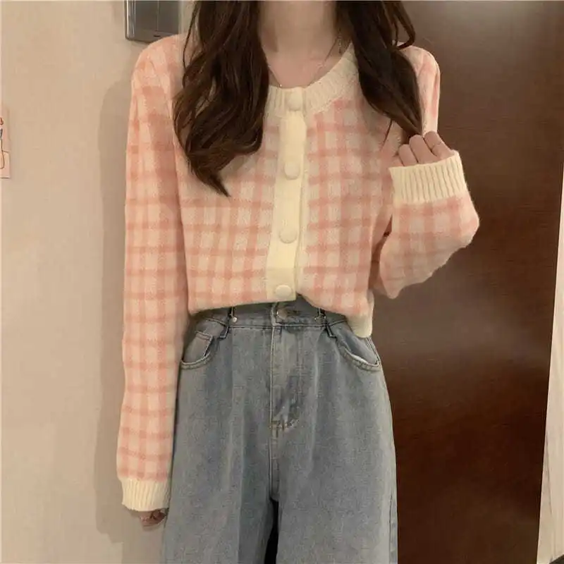 Plaid Women\'s Sweater Loose Long Sleeves 2022 Spring and Autumn Korean Fashion Chic Short Cardigan for Women Kawaii Sweater