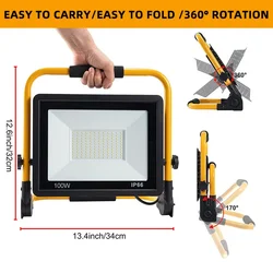 100W LED Work Light 10000LM 50W Equivalent Portable IP66 Waterproof Outdoor Flood Light for Camping Fishing