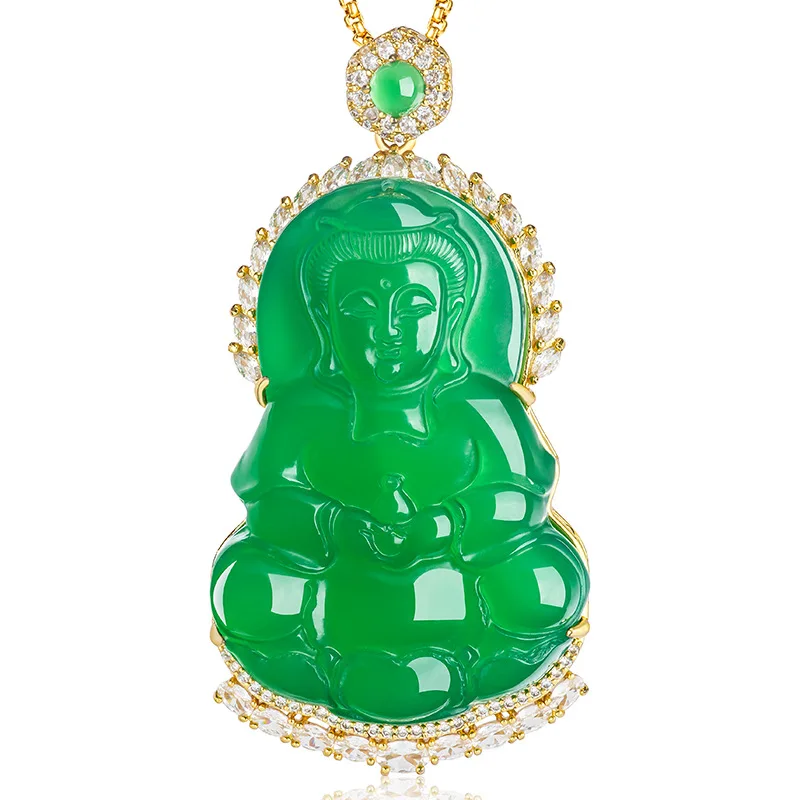 

The latest natural authentic green agate clean bottle Guanyin copper gold-plated ice inlaid pendant women's necklace fashionable