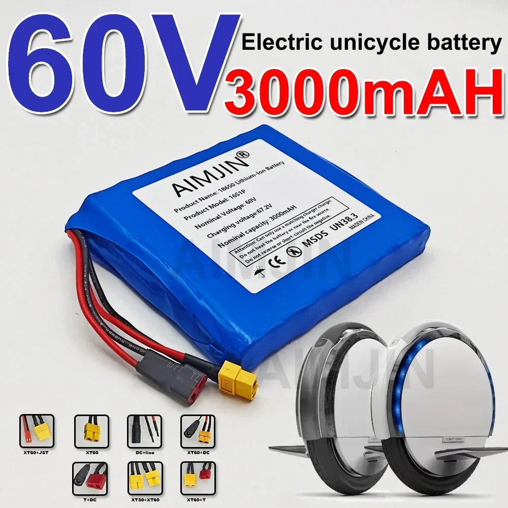Electric Unicycle Battery 60V 3000mAh 16S1P Lithium Battery Pack High Capacity for E-Unicycle