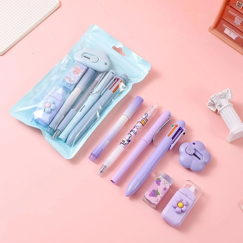 7pcs Gradient Color Stationery Set Gel Pens Highlighter Eraser Correction Tape Ballpoint Pen Pencil for Gift School Office A7882