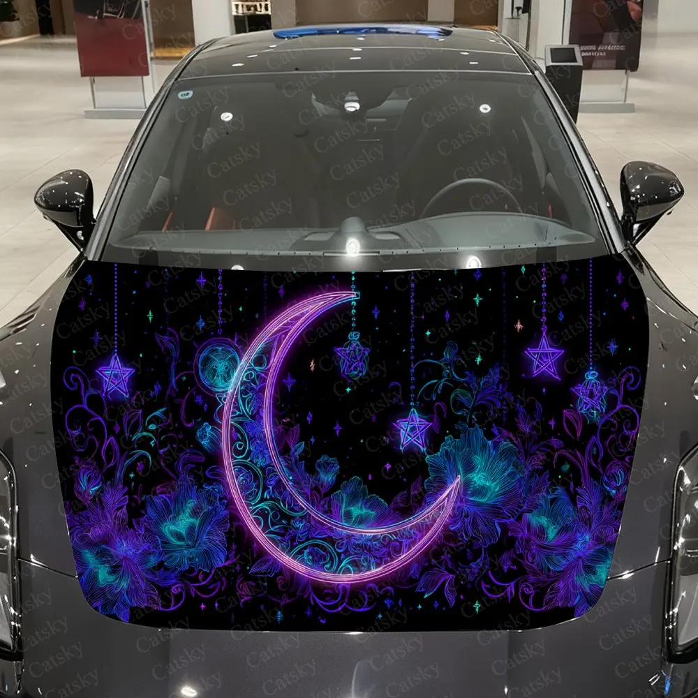 

Neon Crescent Moon Car Vinyl Wrap, PVC Waterproof Car Hood Sticker, Self-Adhesive Scratch-Resistant Stickers