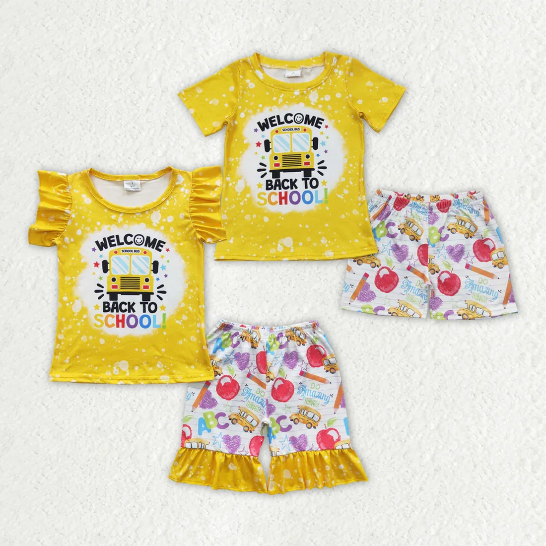 

BSSO0252 Wholesale Summer Boutique kids clothes girl back to school yellow short sleeve shorts sets baby girl clothes sets