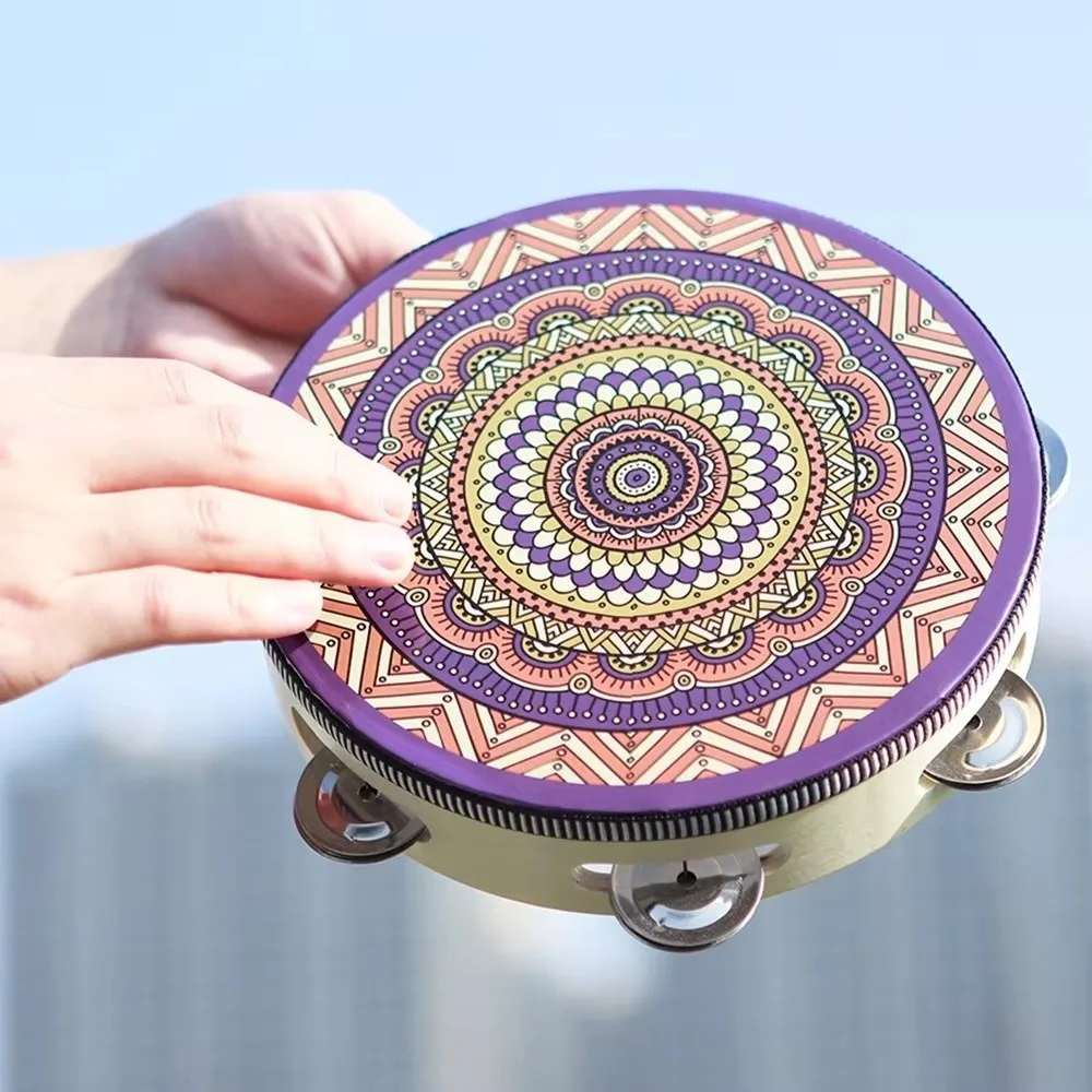 Wooden Tambourine for Adults Metal Jingles Colourful Handheld Drum Pleasant 8 Inch Musical Instrument for Band Performance