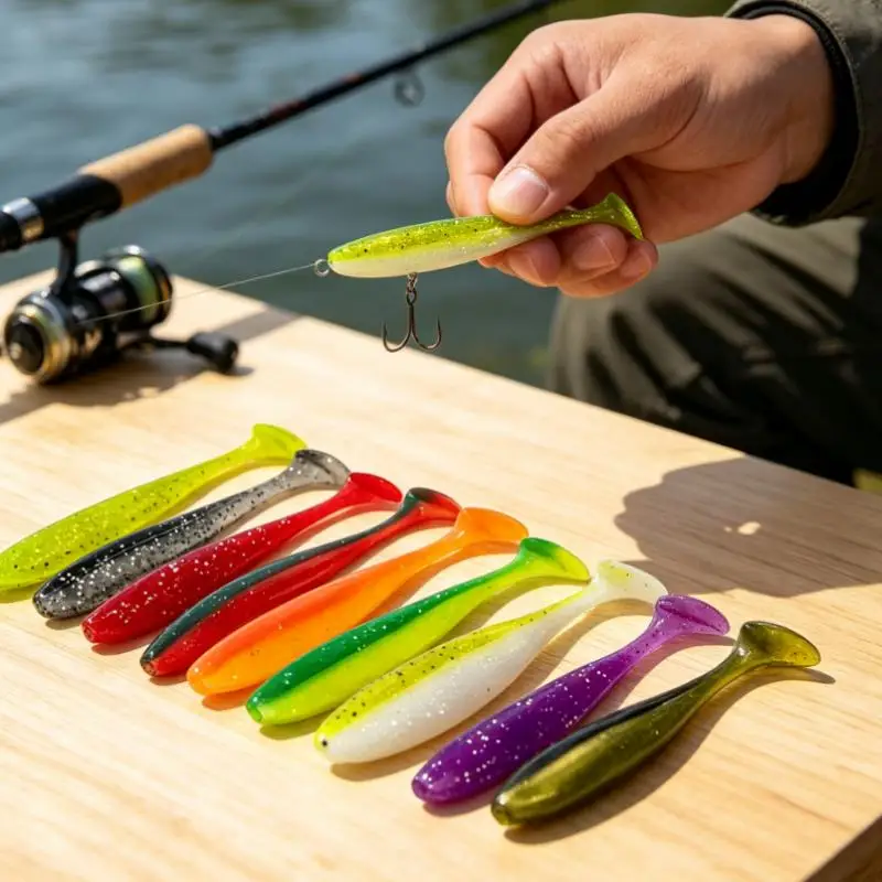10 Stück weiche Angelköder mit Schwanz, die eine realistische Schwimmwirkung aufweisen und in leuchtenden Farben für Angelausflüge und andere Aktivitäten im Freien erhältlich sind. – Detail 8