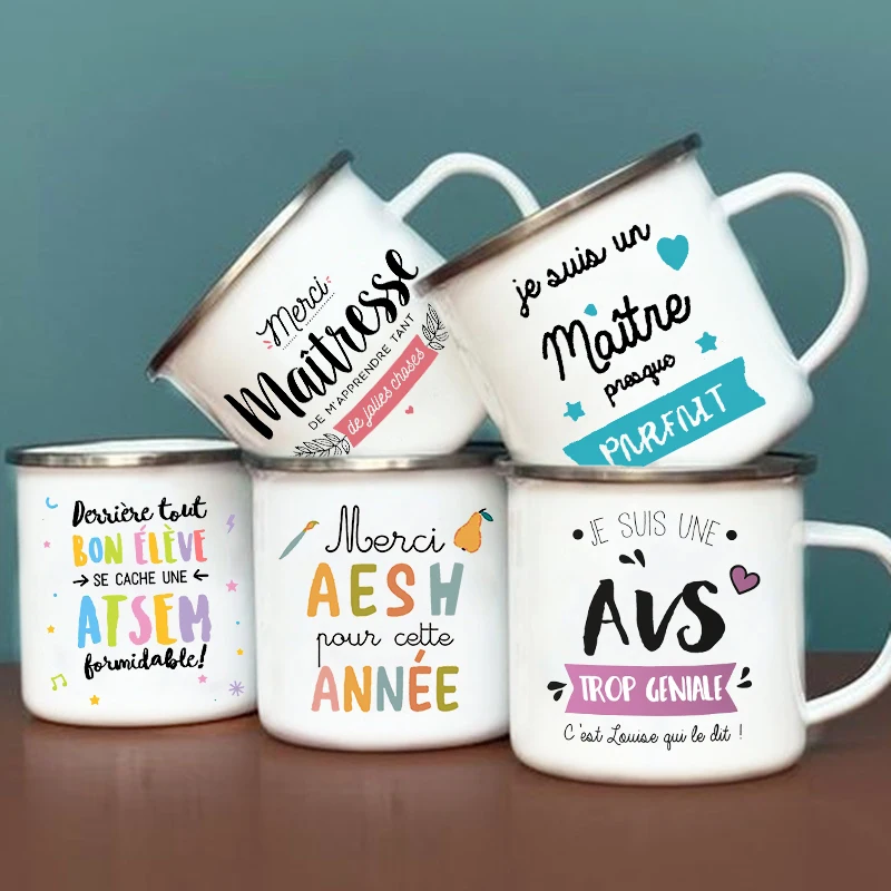 Französisch Druck becher kreative Kaffeetassen Getränke Wasser Emaille Tasse Schule Griff Trink geschirr Geschenke für Maitresse/Maitre/Atsem/Aesh/Avs